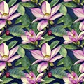 Floral tropical seamless pattern with pink Magnolia flowers and green leaves, AI generated Royalty Free Stock Photo