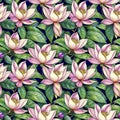 Floral tropical seamless pattern with pink Magnolia flowers and green leaves, AI generated Royalty Free Stock Photo