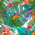 Floral tropical seamless pattern for wallpaper or fabric. Handmade watercolour painting.