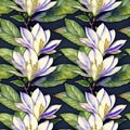 Floral tropical seamless watercolor pattern with Magnolia flowers and green leaves, AI generated Royalty Free Stock Photo