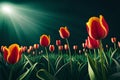 Floral tulip bunch for spring. a field of orange tulips flowers wallpaper background. elegant pretty flowers art