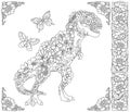 Floral tyrannosaurus dinosaur. Adult coloring book page