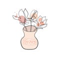 Floral vases. Blooming spring flowers, leaves and herbs in jugs and teapots. Magnolia sketch with black and white line art. Vector