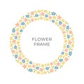 Floral vector banner template. Text in circle frame of cartoon pink, yellow, blue flowers and leaves on white background. Flat Royalty Free Stock Photo