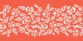 Floral vector border white roses on coral red seamless. Scandinavian style flowers and leaves. Floral silhouettes. Flower pattern
