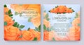 Floral vector card set with flowers of realistic orange rose on blue background. Romantic 3d templates Royalty Free Stock Photo