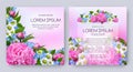 Floral vector card set with flowers of realistic pink peony, buds and forget-me-not. Romantic 3d templates Royalty Free Stock Photo