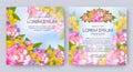 Floral vector card set with flowers of realistic pink rose, celandine, purple viola. Romantic 3d templates Royalty Free Stock Photo