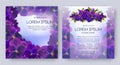 Floral vector card set with flowers of realistic purple viola on blue background. Romantic 3d templates for wedding invitation