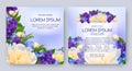 Floral vector card set with flowers of realistic white peony, viola, forget-me-not. Romantic 3d templates