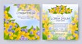 Floral vector card set with flowers of realistic yellow celandine, purple viola. Romantic 3d templates