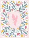 Floral vector card with tropical flowers and leaves, border for text. Spring hearts with botanical elements. Frame with abstract s