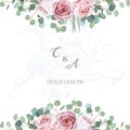 Floral vector design frame. Eucalyptus, pale pink roses, leaves and herbs