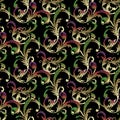 Floral vector embroidery seamless pattern in Baroque style. Black ornate background with gold green red 3d flowers, scroll leaves Royalty Free Stock Photo