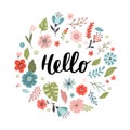 Funny hand-drawn banner with flowers and text hello.