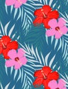 Floral vector pattern, vector Design with Shoe Flower, Hibiscus, Chinese rose and palm leaves. Royalty Free Stock Photo