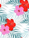 Floral vector pattern, vector Design with Shoe Flower, Hibiscus, Chinese rose and palm leaves. Royalty Free Stock Photo