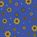 Floral vector pattern: multicolored flowers with many petals on a blue background. Royalty Free Stock Photo