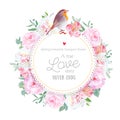 Floral vector round card with white and pink peony, rose, alstroemeria lily, eucalyptus, mixed plants and cute small robin bird