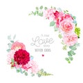 Floral vector round frame with pink rose, hydrangea,