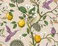 Floral Vector Seamless Pattern. Botanical Wallpaper. Plants, Birds Flowers Backdrop. Drawn Nature Vintage Wallpaper