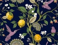 Floral Vector Seamless Pattern. Botanical Wallpaper. Plants, Birds Flowers Backdrop. Drawn Nature Vintage Wallpaper