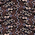 Floral Vector Seamless Pattern. Fantastic Flower, Leaves. Batik Style Painting. Vintage Background