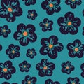 Floral vector seamless pattern. Little dark flowers on blue background. Trendy modern abstract flowers drawn with brush