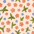 Floral vector seamless pattern. Little peach colored flowers and leaves on pastel pink background. Cute flowers drawn Royalty Free Stock Photo