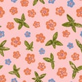 Floral vector seamless pattern. Little peach colored flowers and leaves on pastel pink background. Cute flowers drawn Royalty Free Stock Photo