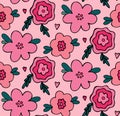 Floral vector seamless pattern with pink flowers. Simple hand-drawn background in childish naive style. Pretty ditsy for fabric, Royalty Free Stock Photo