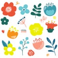 Floral vector set with flat doodle style abstract flowers and leaves. Flower graphic design. Royalty Free Stock Photo