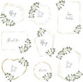 Floral Vector Set. White magnolia, sakura, branches with flowers and leaves. Different gold frames