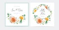 Floral vector watercolor wedding invite, save the date card set Peach, yellow rose flowers, green eucalyptus leaves bouquet Royalty Free Stock Photo