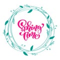 Floral Vector wreath background with calligraphic lettering text Spring Time. Isolated flower flat illustration on white Royalty Free Stock Photo