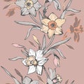 Floral vertical seamless border with hand drawn flowers daffodils, narcissus.