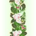 Floral vertical border seamless background bouquet with tropical flowers floral arrangement, with beautiful white orchids ,cala l Royalty Free Stock Photo