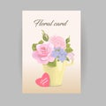 Floral vertical vector romantic card bouquet in cup Royalty Free Stock Photo