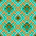 Floral vintage Baroque style seamless pattern. Argyle rhombus green background. Geometric checkered colorful repeat backdrop. Royalty Free Stock Photo