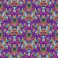 Floral vintage colorful seamless pattern. Violet vector background. Hand drawn multicolor paisley