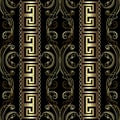 Floral vintage Damask greek meanders borders 3d seamless pattern with gold chains, flowers, leaves. Beautiful vector background.