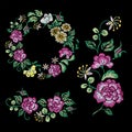 Floral vintage embroidery. Oriental flowers, rose peony embroidered ornaments. Garden romantic fashion decoration