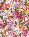 Floral Vintage Seamless Background with Bird