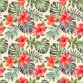 Floral vintage seamless pattern, Watercolor tropical monstera palm leaves, orange hibiscus flowers. Beige background Royalty Free Stock Photo