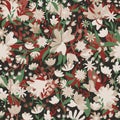 Floral vintage textile print, tropical flowers with green and red leaves. Seamless floral pattern for fabric, dress, home textiles