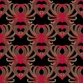 Floral Vintage Vector Seamless Pattern. Black Ornamental Background. Red Flowers With Gold Stripes And Lines. Damask Abstract