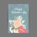Floral vintage vertical card with heart on turquoise
