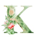 Floral watercolor alphabet. Monogram initial letter K design with hand drawn peony flower