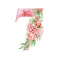 Floral watercolor alphabet. Watercolor number 7 with peonies flowers and leves. Romantic monogram