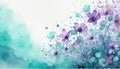 Floral watercolor background. Beautiful purple and turquoise flowers painting. Angular drawing and space for text